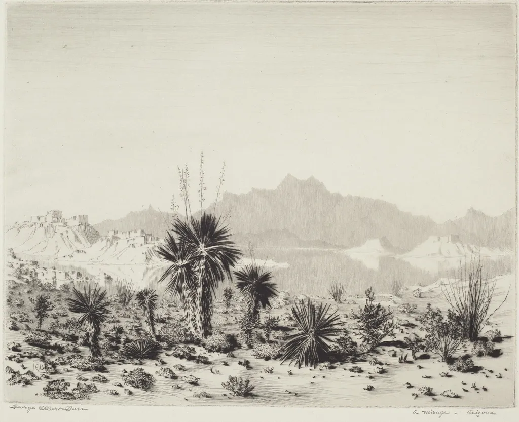A Mirage, Arizona, by George Elbert Burr, ink, 1929