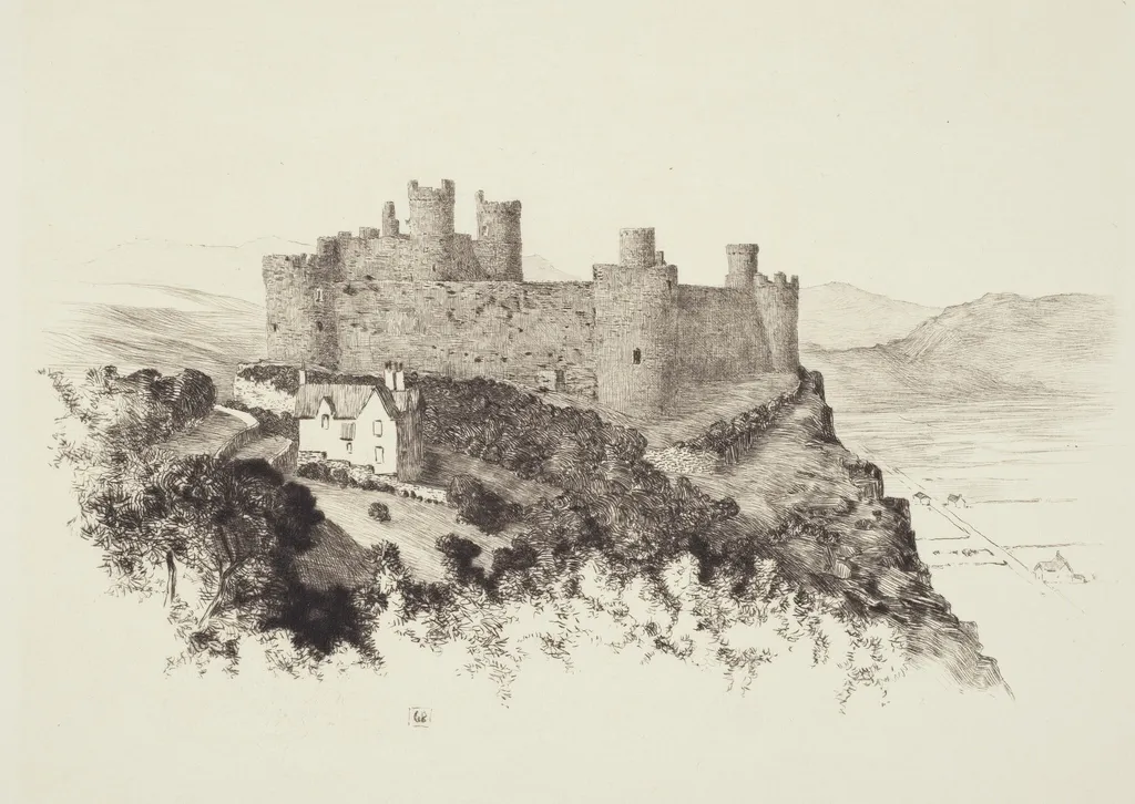 Harlech Castle, Wales, by George Elbert Burr, ink, 1934