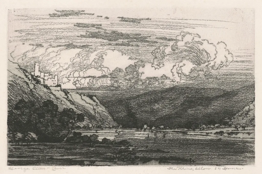 The Rhine, below St. Goar, by George Elbert Burr, ink, 1915