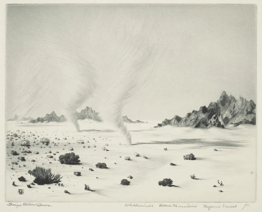 Whirlwinds, Dead Mountains, Mojave Desert, California, by George Elbert Burr, ink, 1921