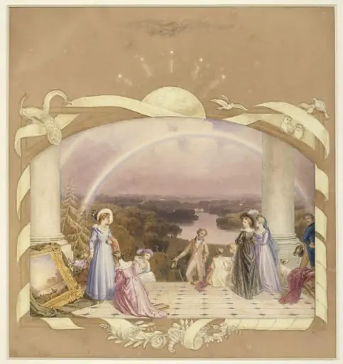 Figures admiring a painting on the terrace at Richmond, by George Fennel Robson
