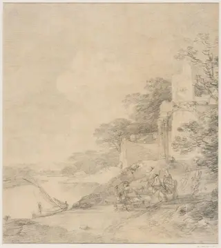 Landscape with figures and ruin by a river
