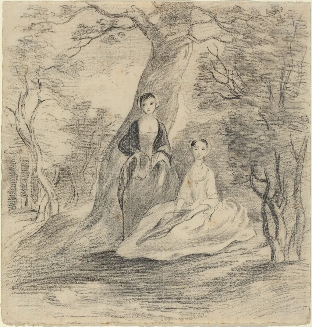 Two Girls in a Landscape, by George Frost, chalk, 1788