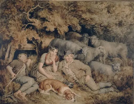 Noontide: three children with sheep, by George Grattan
