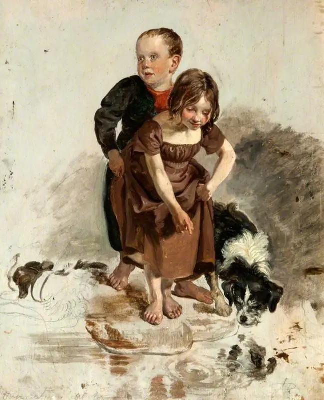 A Boy and a Girl with a Collie Dog Standing by a Stream (study for 'The Covenanters' Baptism'), by George Harvey