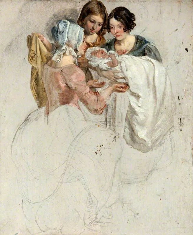A Girl and Two Women, Standing and Holding a Baby (study for 'The Covenanters' Baptism'), by George Harvey, unspecified, 1830