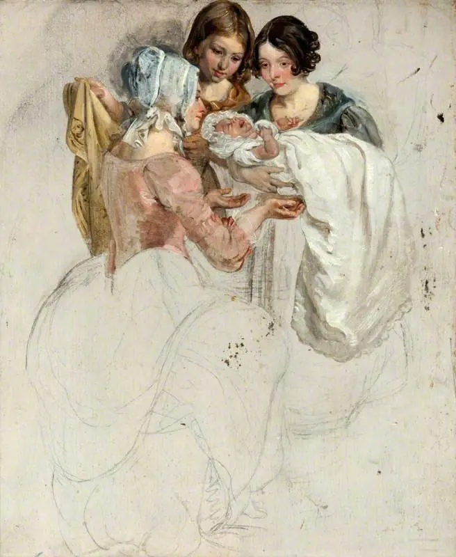 A Girl and Two Women, Standing and Holding a Baby (study for 'The Covenanters' Baptism'), by George Harvey