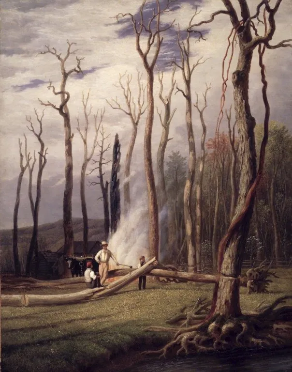 Spring--Burning Trees in a Girdled Clearing, Western Scene, by George Harvey, oil, 1840
