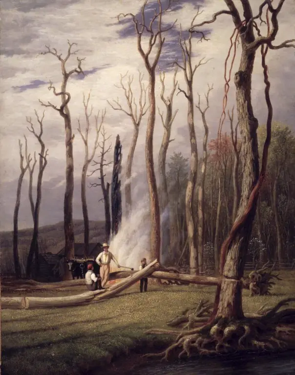 Spring--Burning Trees in a Girdled Clearing, Western Scene, by George Harvey