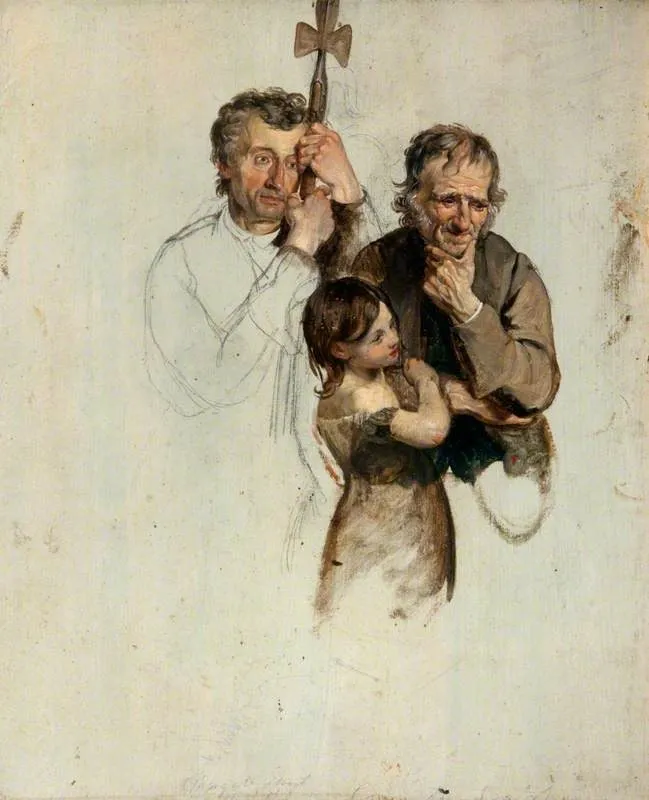 Two Men and a Girl Standing (study for 'The Covenanters' Baptism'), by George Harvey, unspecified, 1830