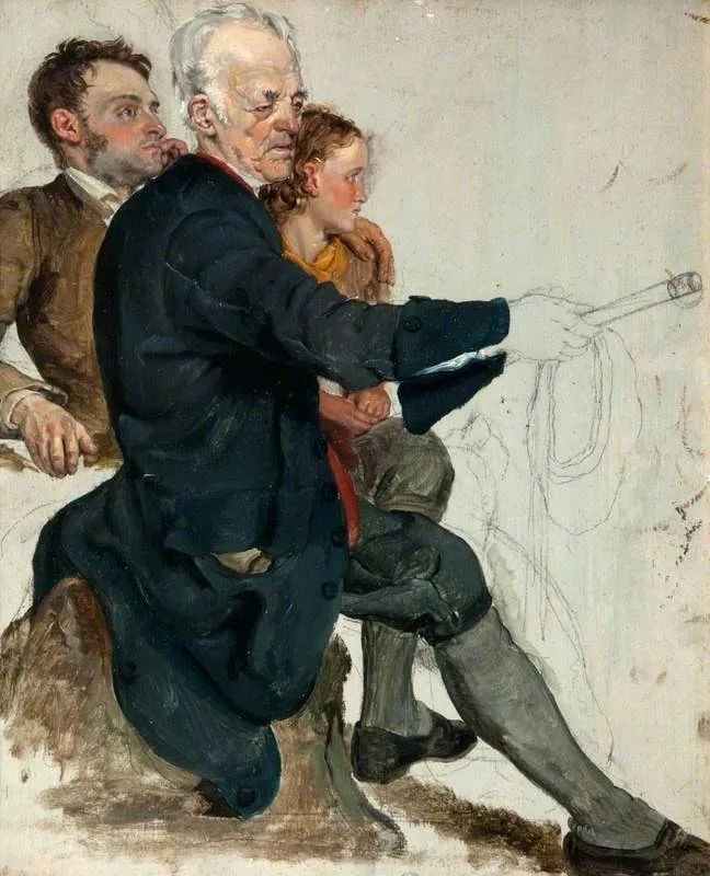 Two Seated Men and a Standing Boy (study for 'The Covenanters' Baptism'), by George Harvey, unspecified, 1830