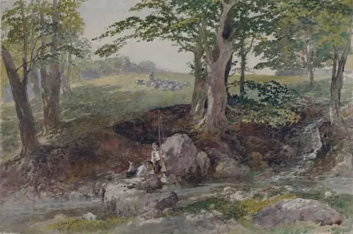 'The Bite', two boys fishing beside a brook, by George Haydock Dodgson