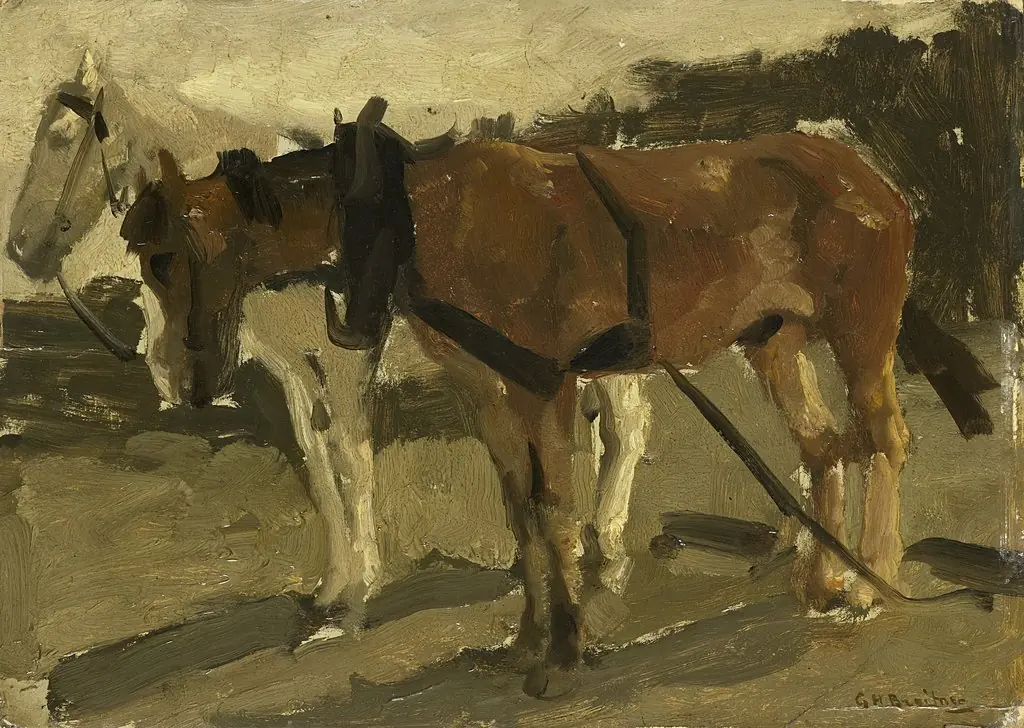 A Brown and a White Horse in Scheveningen, by George Hendrik Breitner