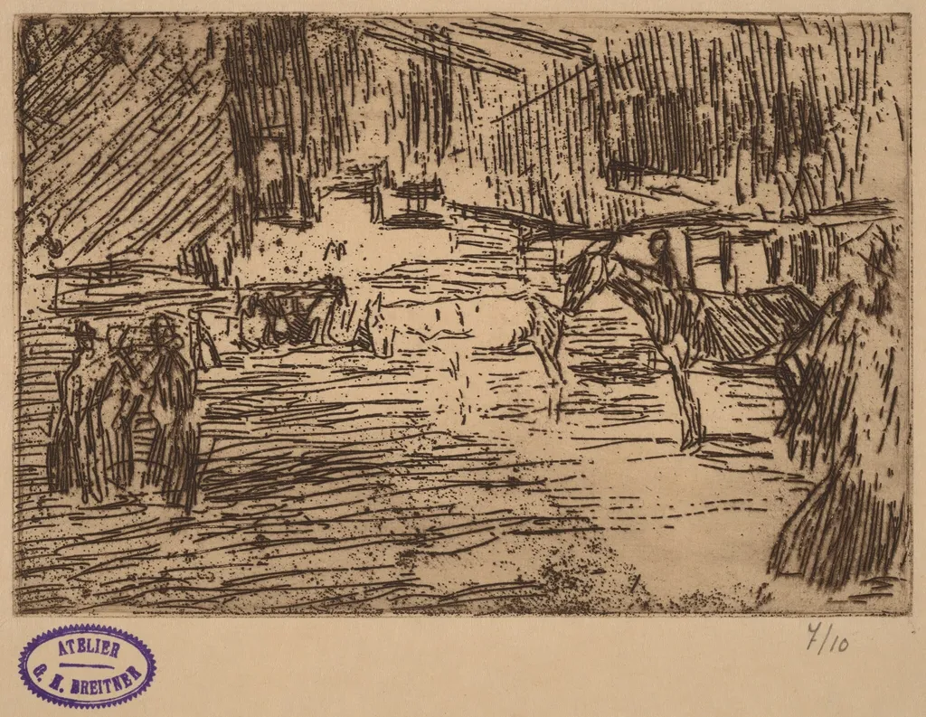 Scene with Horses Standing in Stream, by George Hendrik Breitner, ink, 1890