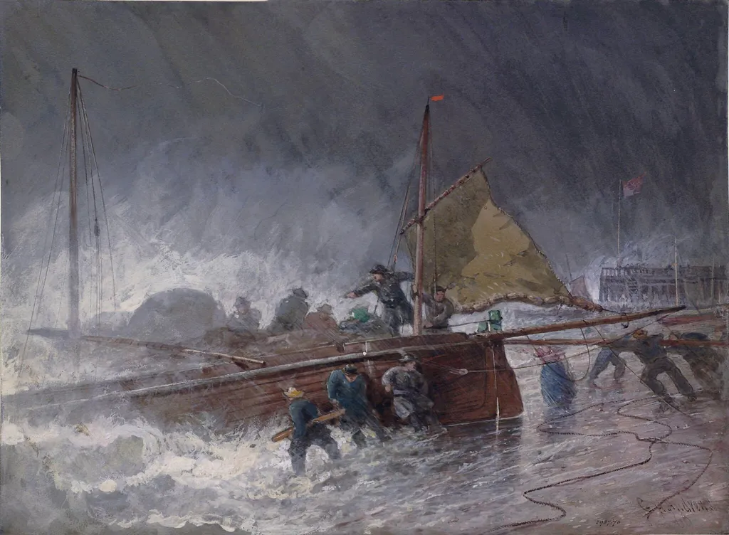 Deal Lugger putting off in a Storm, by George Henry Andrews, watercolor, 1866
