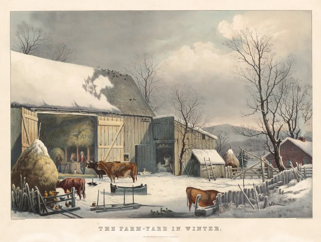 The Farm-Yard in Winter, by George Henry Durrie, ink, 1861