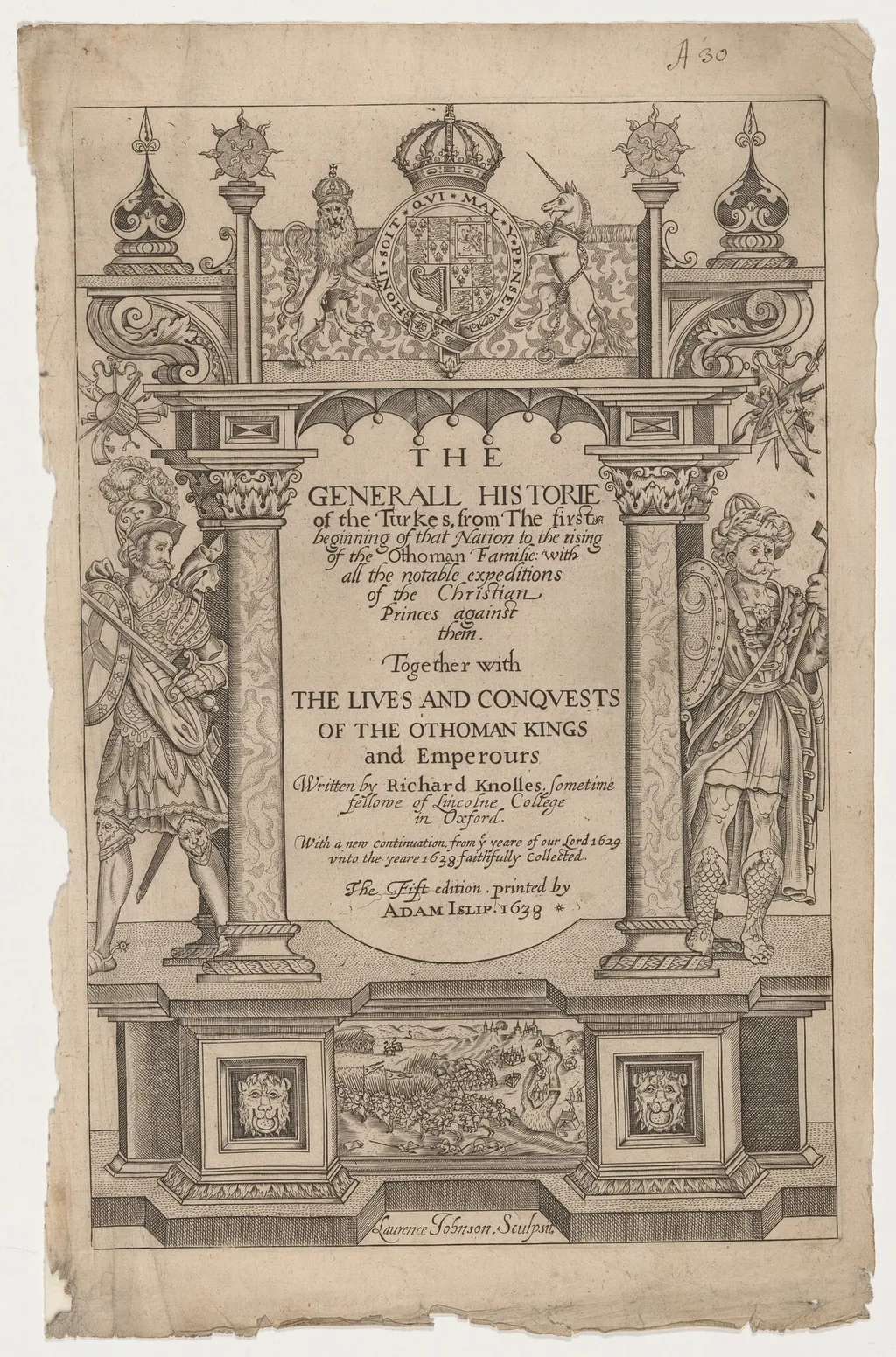 Title Page for R. Knolles Generall Historie of the Turkes, by George Keller, ink, 1603