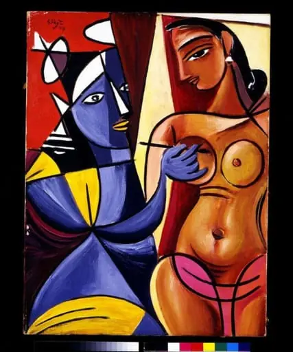 Krishna painting Radha, by George Keyt