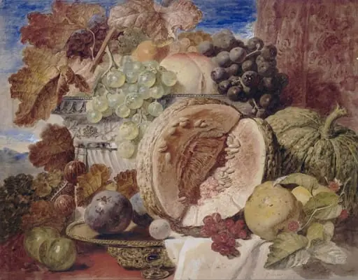 Still life with melons, grapes and other fruit, by George Lance