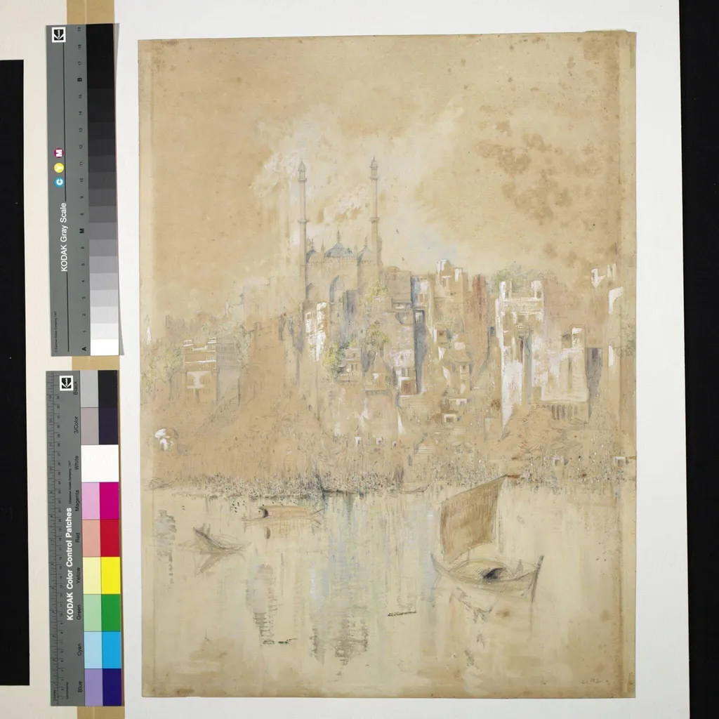 Aurangzeb's Mosque on the Ganges river at Benares, by George Landseer, paint, 1860