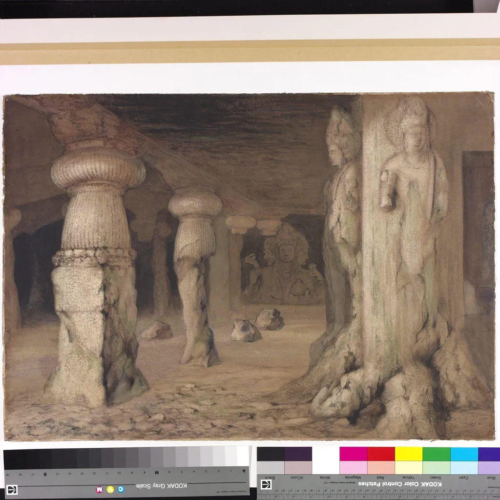 The Trimurti cave at Elephanta Caves, Bombay, by George Landseer, paint, 1860