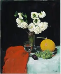 Stlll Life with Dahlias, Wine Glass and Fruit, by George Leslie Hunter