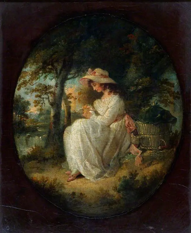 A Girl Seated and Fondling a Dove, by George Morland