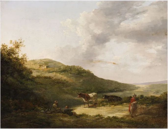 A Landscape with Figures and Cattle, by George Morland, oil, 1793