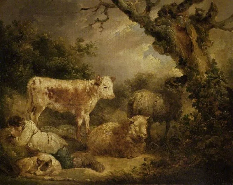 Calf and sheep, by George Morland, oil, 1793