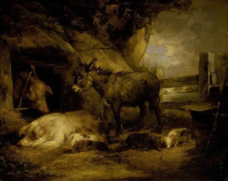 Donkey and pigs, by George Morland, oil, 1795