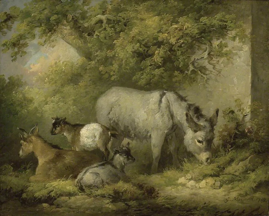 Farmyard Scene: A Donkey and Goats, by George Morland, oil, 1796
