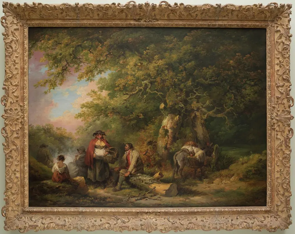 Gypsy Encampment with Seated Man Breaking Firewood, by George Morland