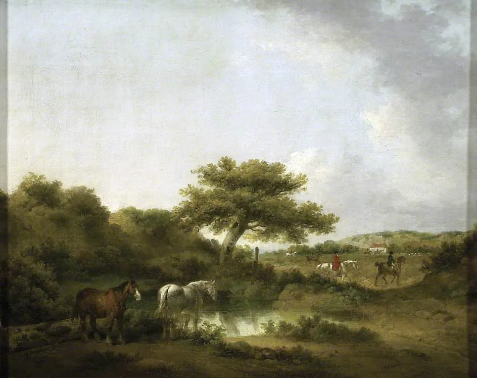 Landscape with Huntsmen and Hounds, by George Morland, oil, 1793