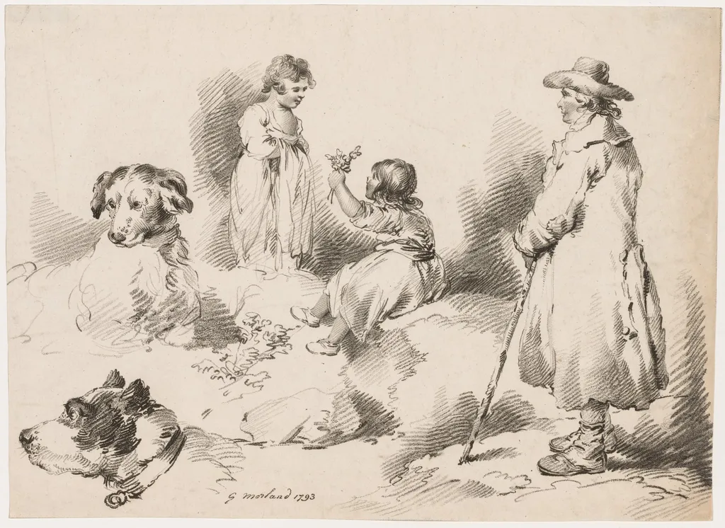 Studies of Children (Two Little Girls); Two Dogs; A Man, by George Morland, 1793