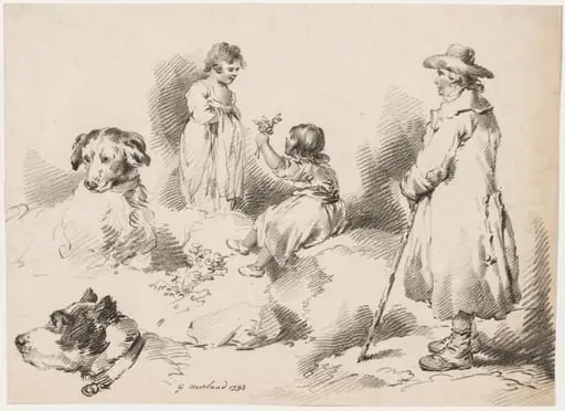Studies of Children (Two Little Girls); Two Dogs; A Man, by George Morland