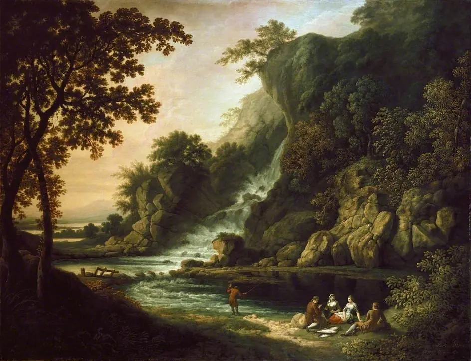 Landscape with a fishing Party by a Waterfall, by George Mullins