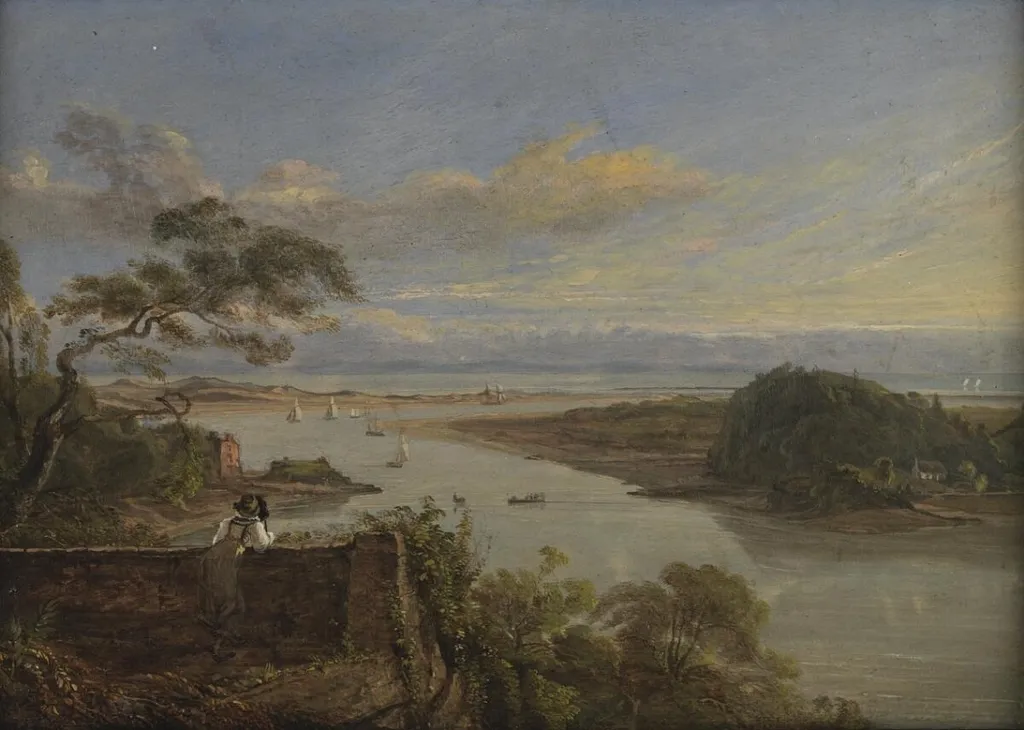 mouth of the Neath river from Britan Ferry grounds, the seat of the Earl of Jersey, by George Orleans Delamotte, oil, 1820