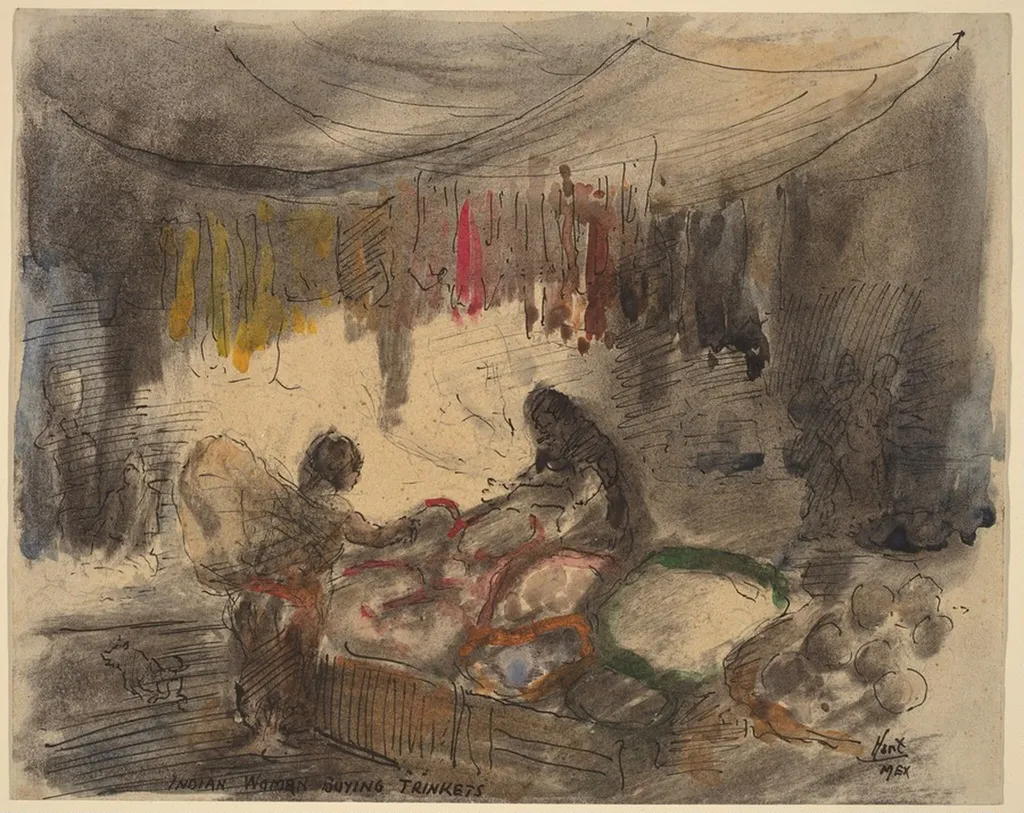 Market, Mexico, Indian Woman Buying Trinkets, by George Overbury Hart, ink, 1926