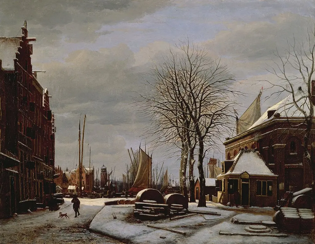 Slijpsteenmarkt (Whetstone Market) in Amsterdam with the Building 'Het Zeerecht' in Winter (The Slypsteenen at Amsterdam), by George Pieter Westenberg
