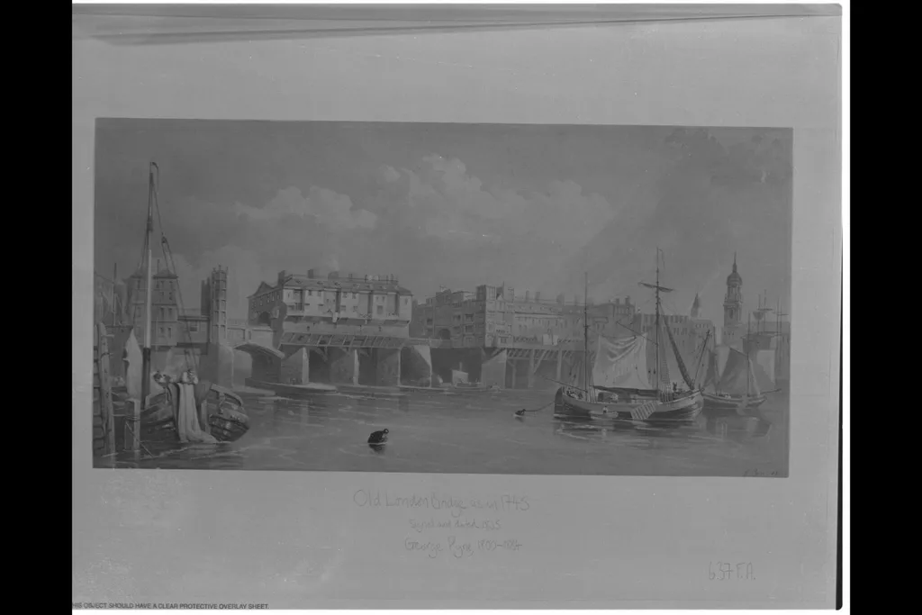 Old London Bridge as it appeared in 1745, by George Pyne, watercolor, 1835