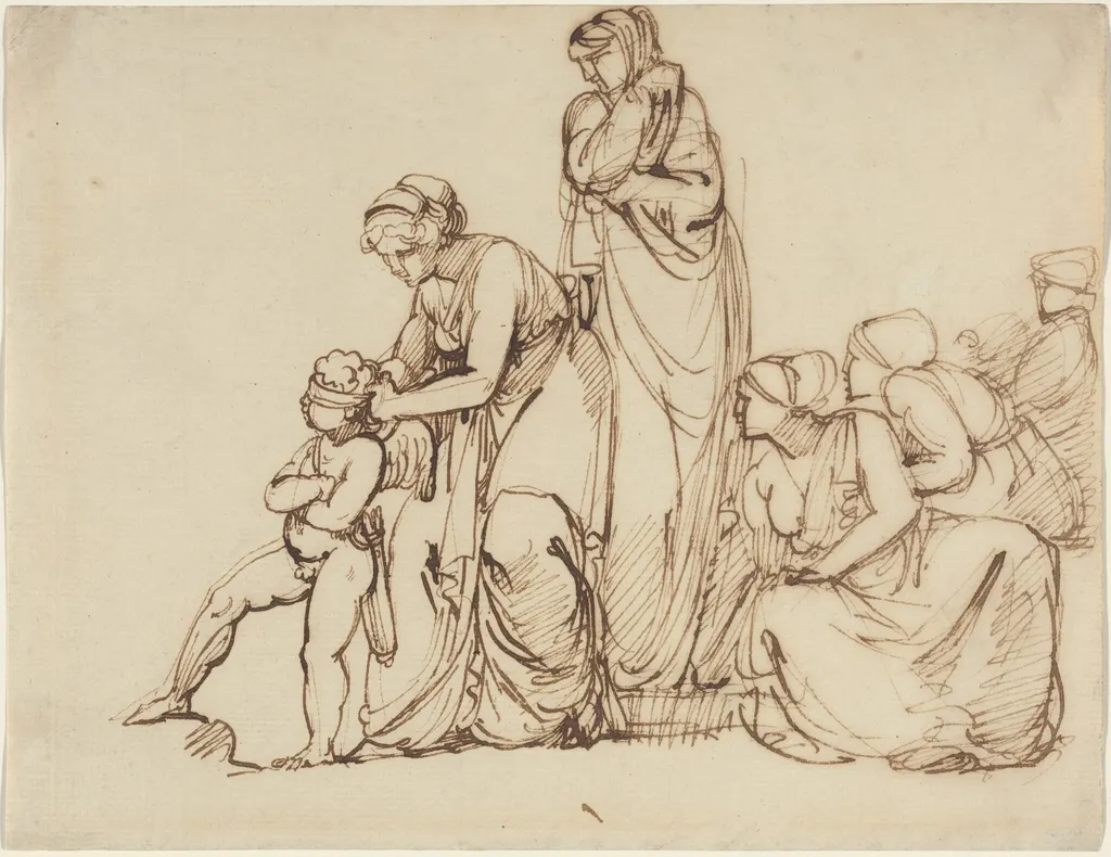 The Blindfolding of Cupid, by George Romney, ink