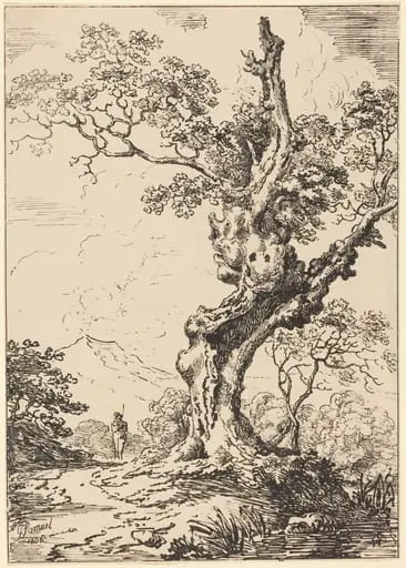 Study of an Old Oak Tree, Water on Right, a Man on Left, by George Samuel