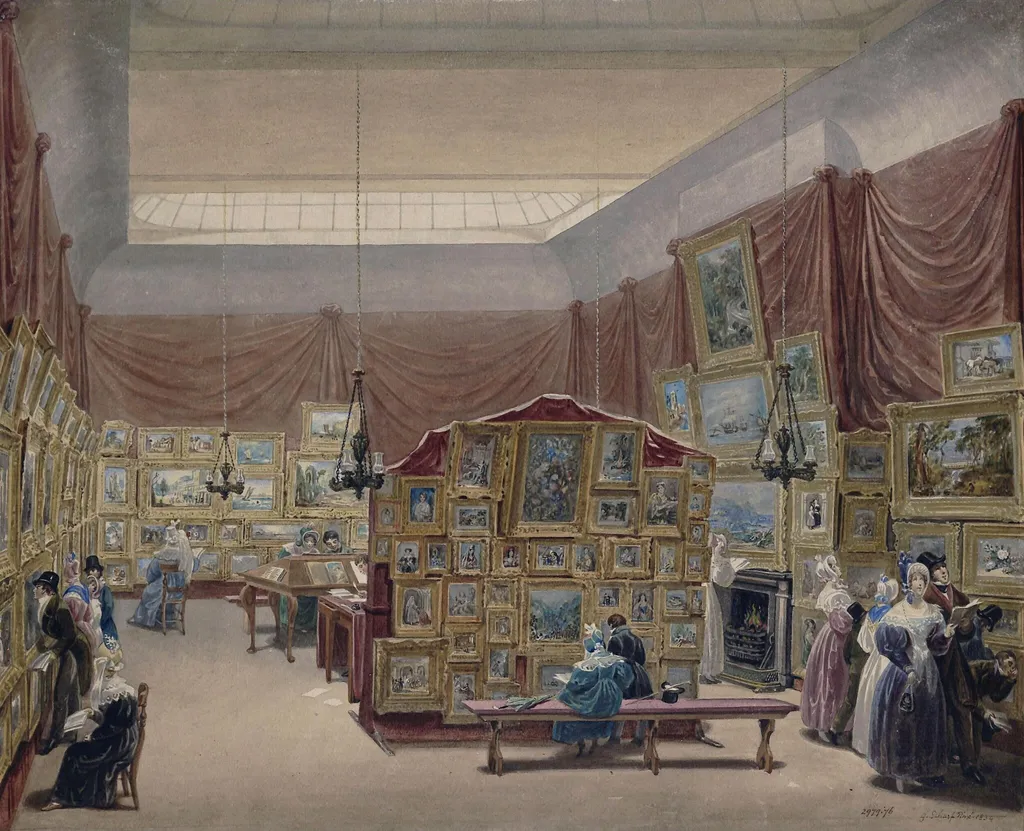 Interior of the Gallery of the New Society of Painters in Watercolours, Old Bond Street, by George Scharf, watercolor, 1834