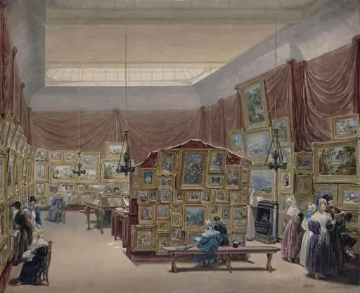 Interior of the Gallery of the New Society of Painters in Watercolours, Old Bond Street, by George Scharf