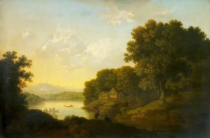 Lake Scene with a Boat and Anglers, by George Smith, oil