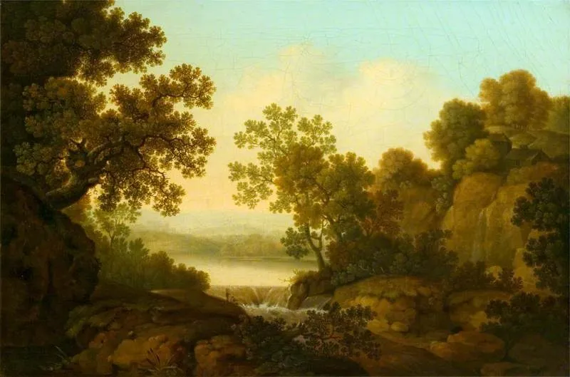 Landscape with a Waterfall and Anglers, by George Smith, oil