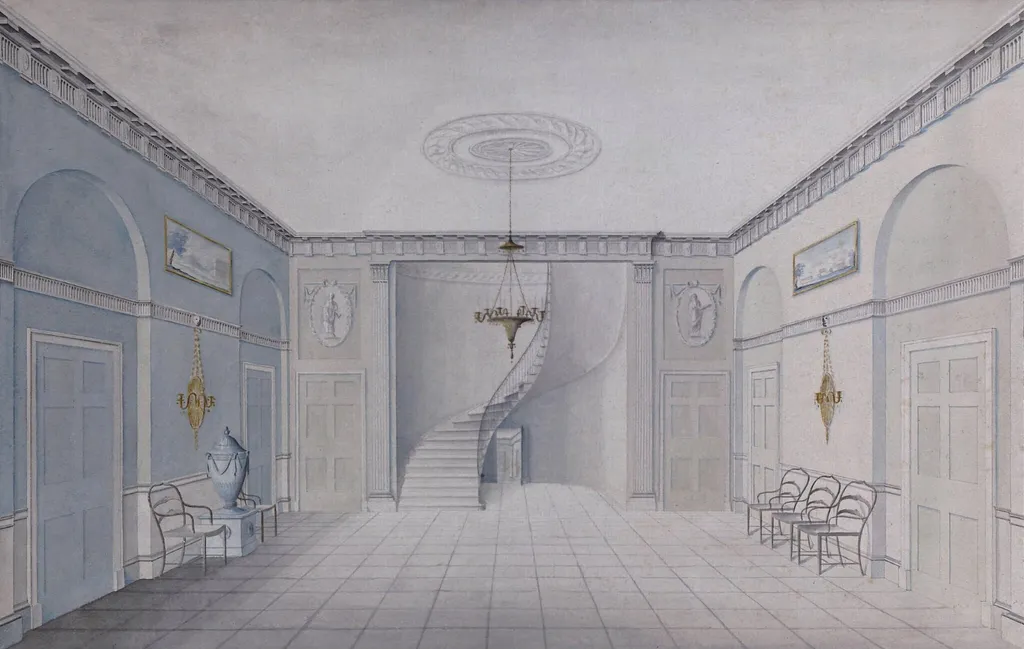 The entrance hall at Lythwood, Baystonhill, Shropshire, by George Steuart, watercolor, 1800