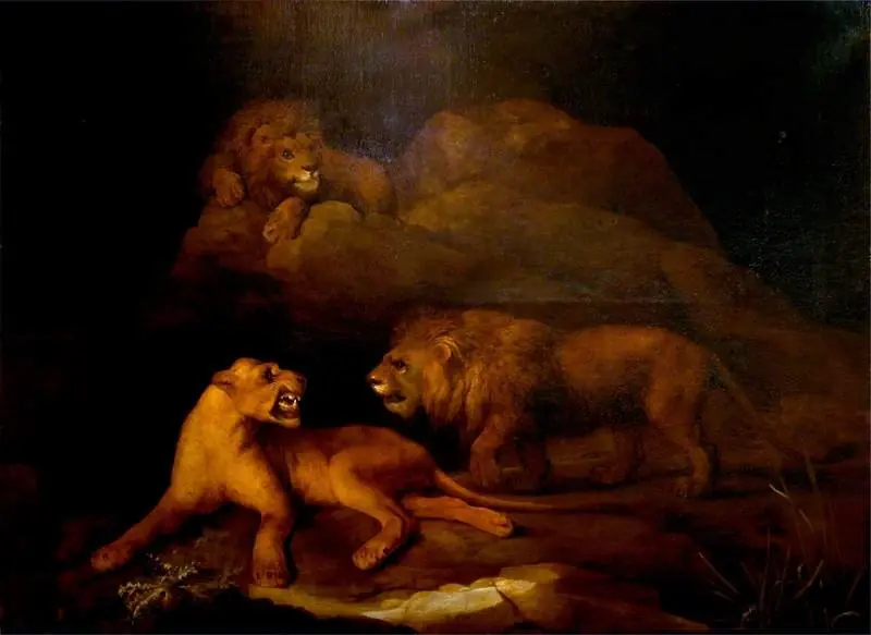 Lions and a Lioness with a Rocky Background, by George Stubbs