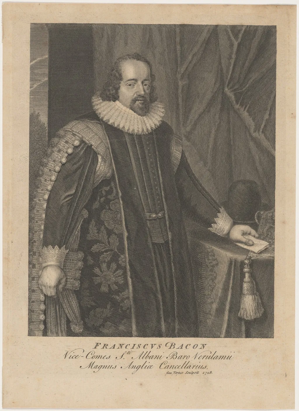 Francis Bacon, Viscount Saint Albans, by George Vertue, ink, 1728