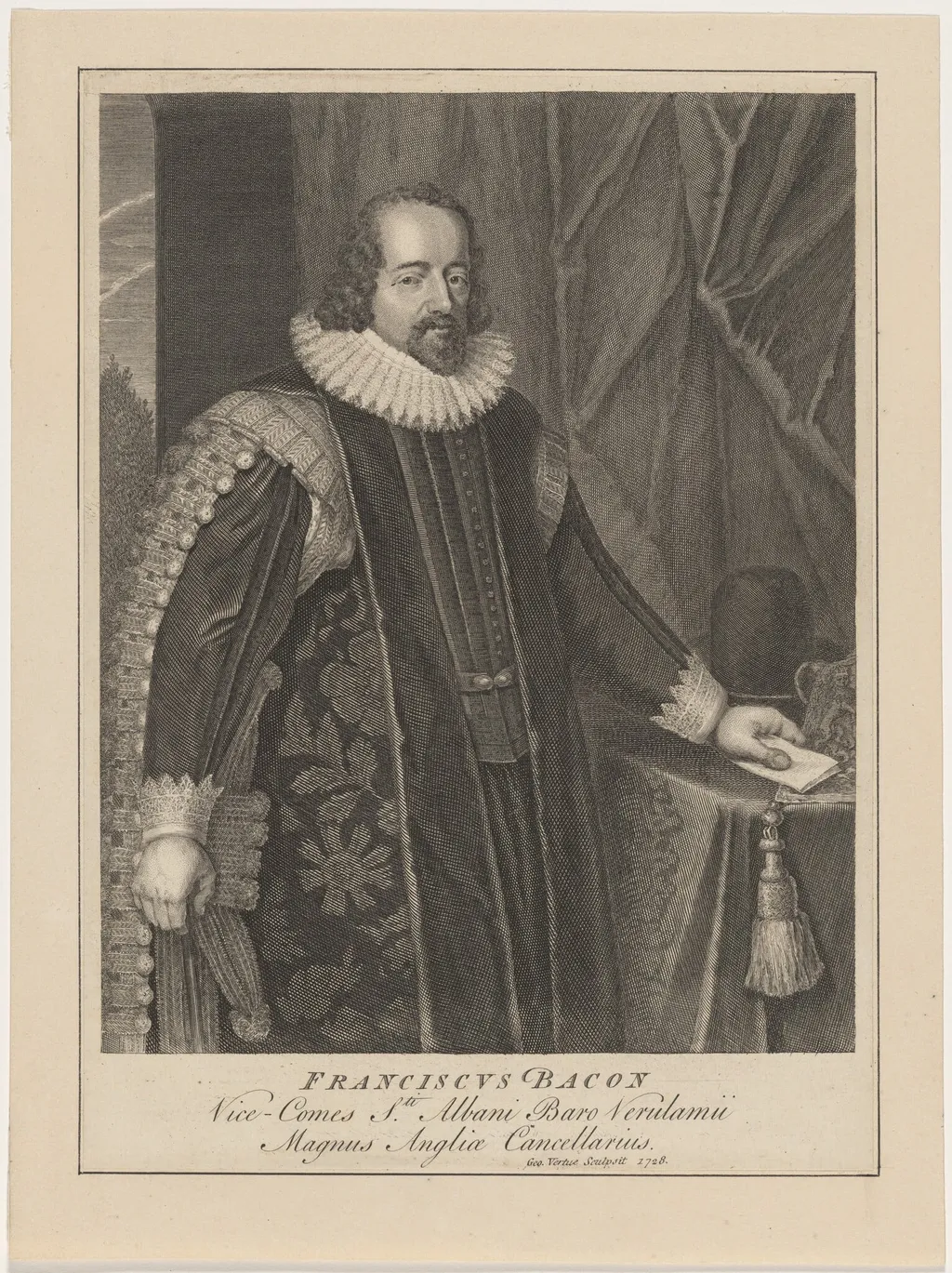 Francis Bacon, Viscount Saint Albans, by George Vertue, ink, 1728